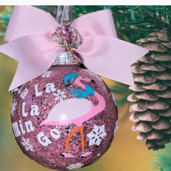 Pink Flamingo Glitter Christmas Tree Ornament, Customized Personalized, Holiday - Picture 2 of 16
